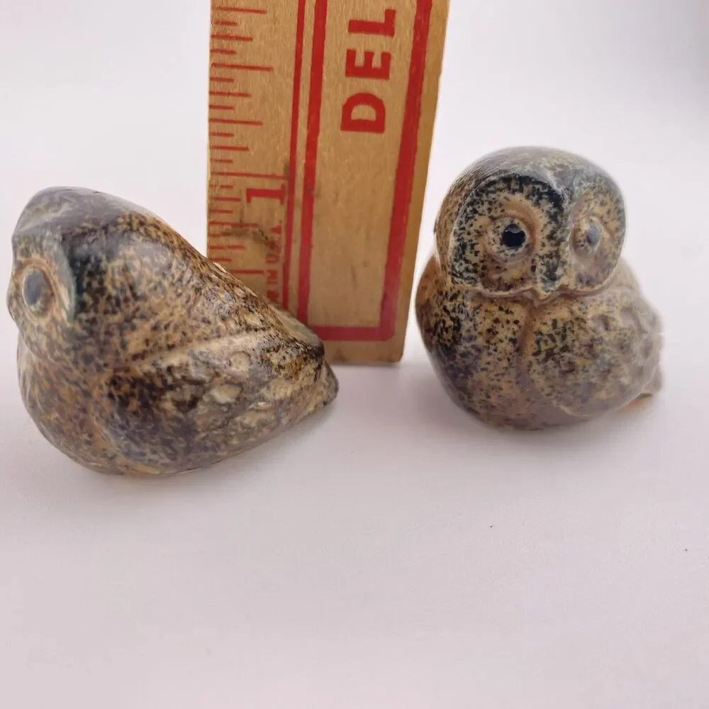 2 Vintage Adorable Miniature Owl Figurines Brown Earthtones 1